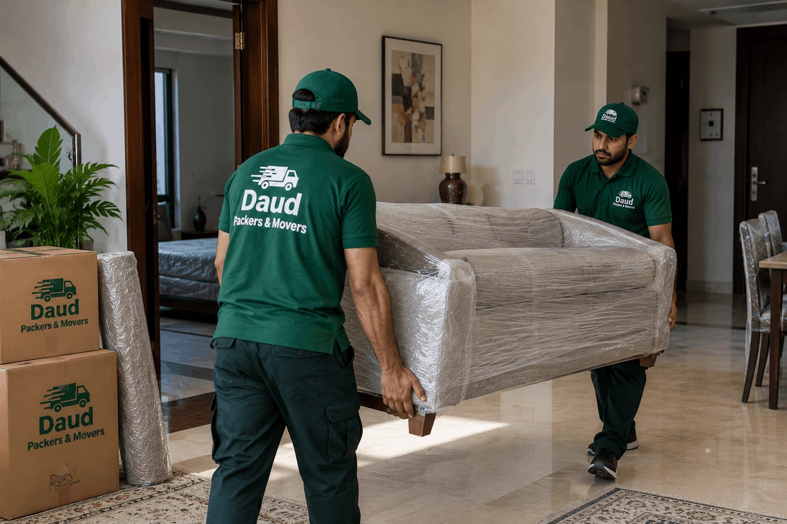 Professional movers carrying wrapped sofa during furniture moving in Islamabad