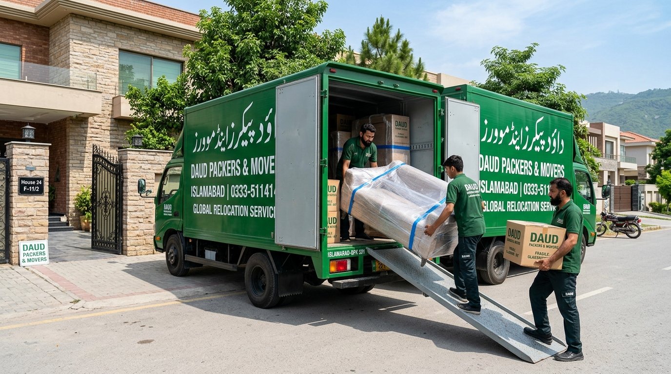 Daud Packers & Movers green truck Loading for intercity moving services from Islamabad