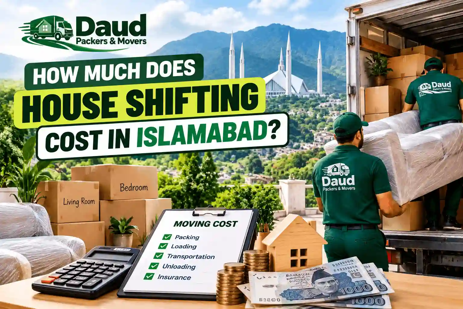 Daud Packers movers loading a sofa into the truck with a cost estimate graphic for house shifting in Islamabad