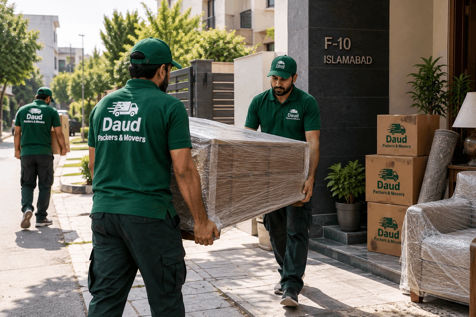 Professional movers handling furniture during a local move in Islamabad