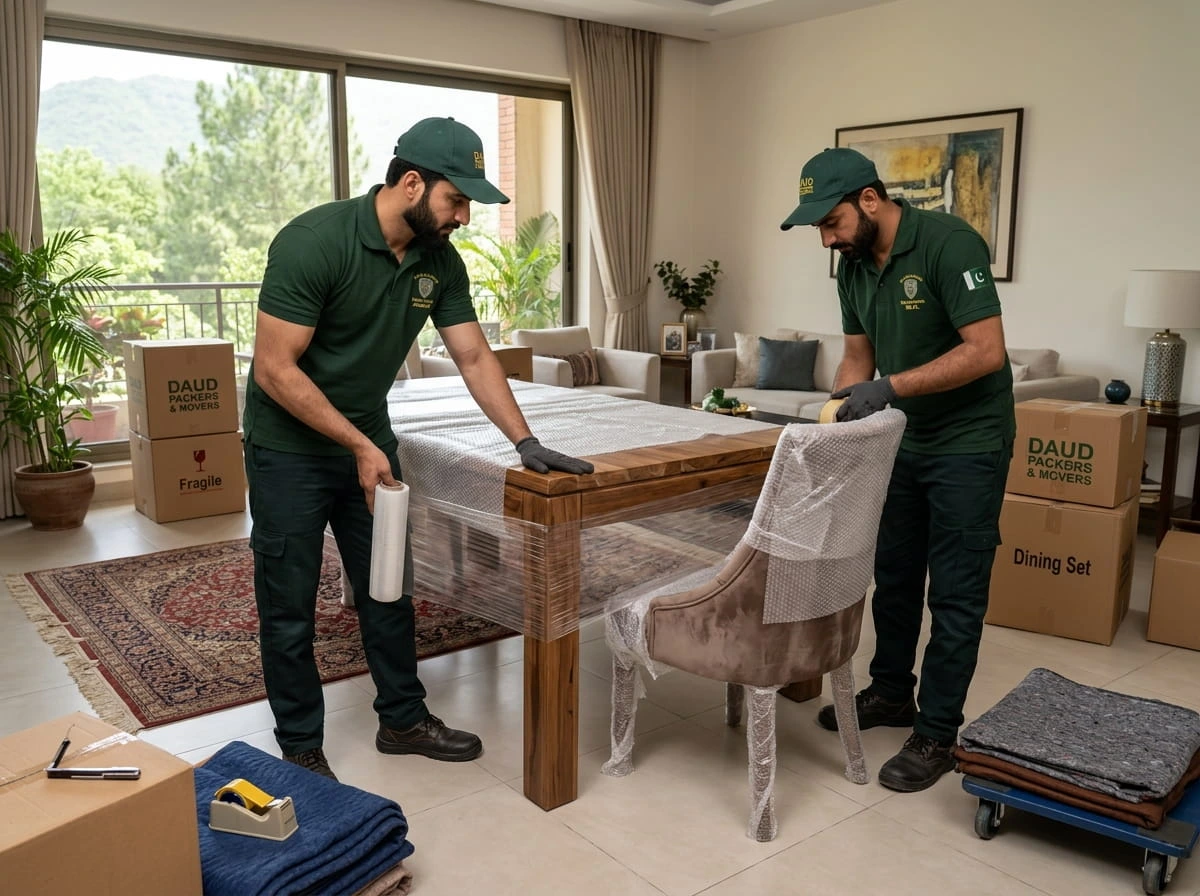 Daud Packers movers wrapping a dining table and chairs with protective film for furniture moving in Islamabad