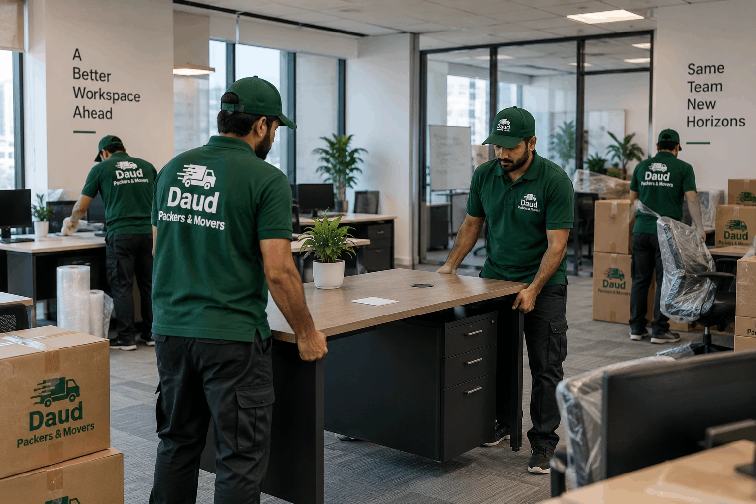 Professional movers handling office furniture during relocation in Islamabad
