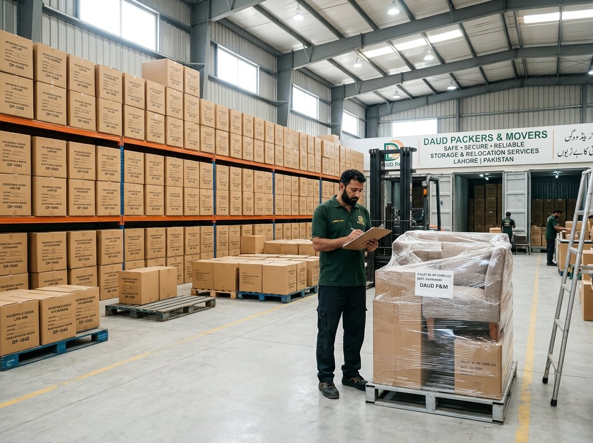Professional movers handling commercial boxes in an Islamabad warehouse