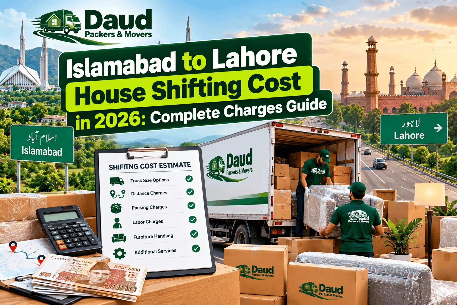 Loaded Daud Packers moving truck with packed boxes ready for an Islamabad to Lahore house shifting move
