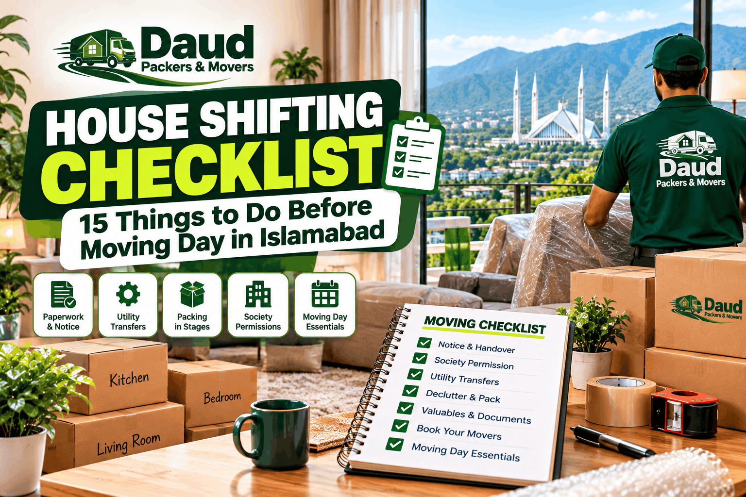 Daud Packers mover with packed boxes and a moving checklist graphic for house shifting in Islamabad