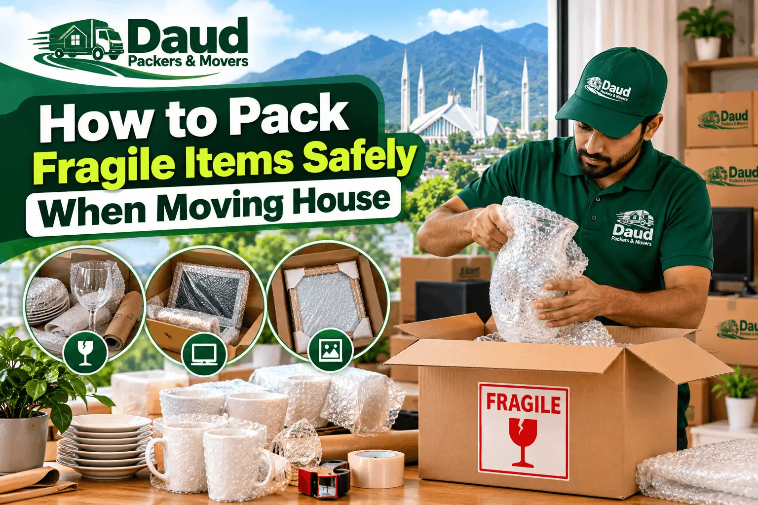 Daud Packers team member wrapping fragile items in bubble wrap for packing services in Islamabad